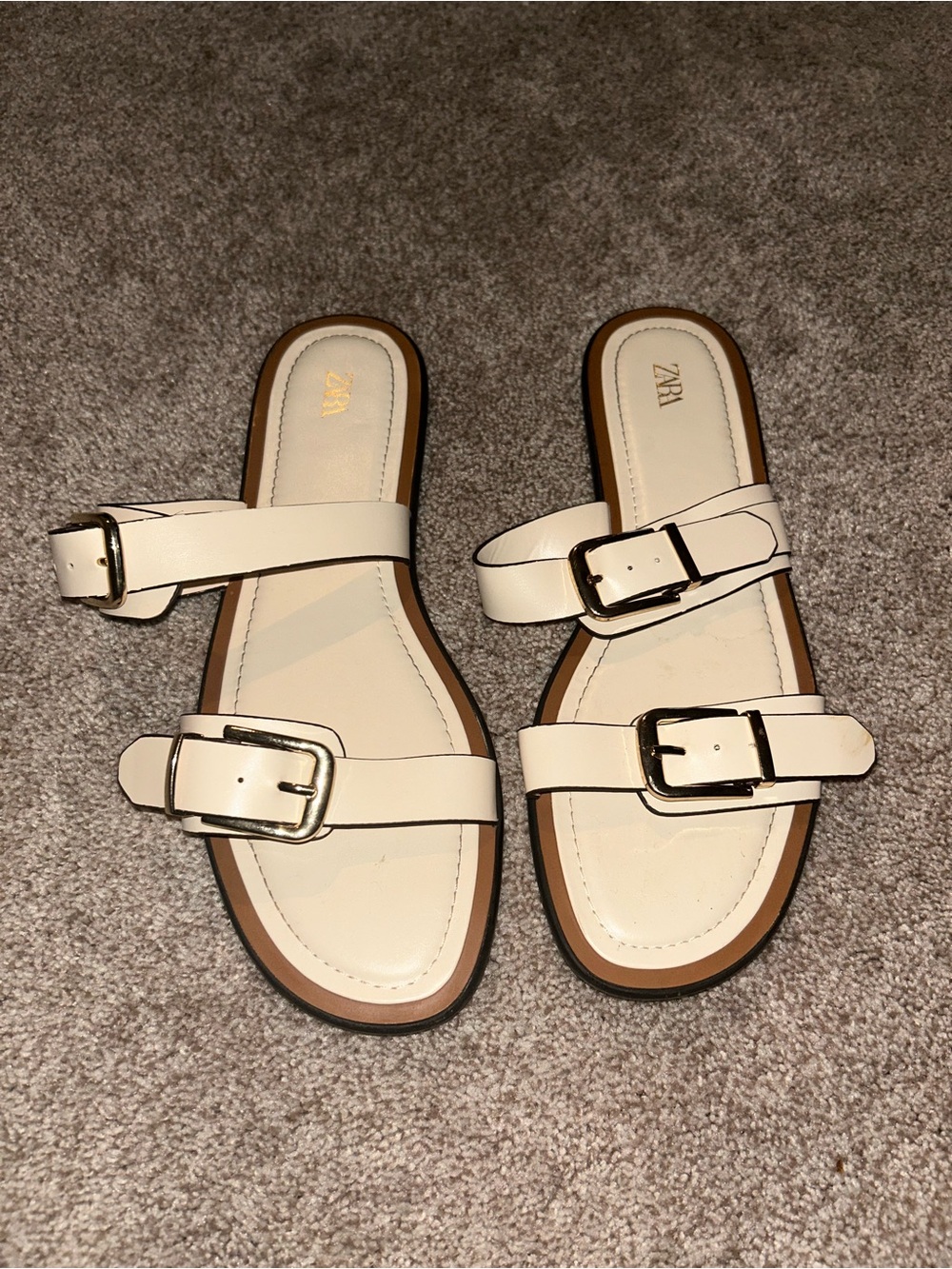 Zara Cream Double-Buckle Slide Sandals with Gold Buckles